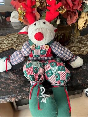 Festive Red & Green Plush Patchwork Posable Reindeer Mantle Sitter